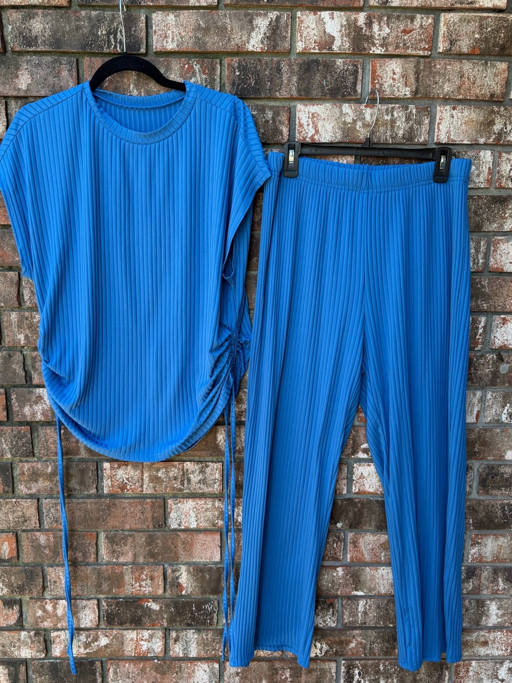 SHEIN Blue Ribbed Straight-Leg Pants & Short-Sleeve Top Two-Piece Set